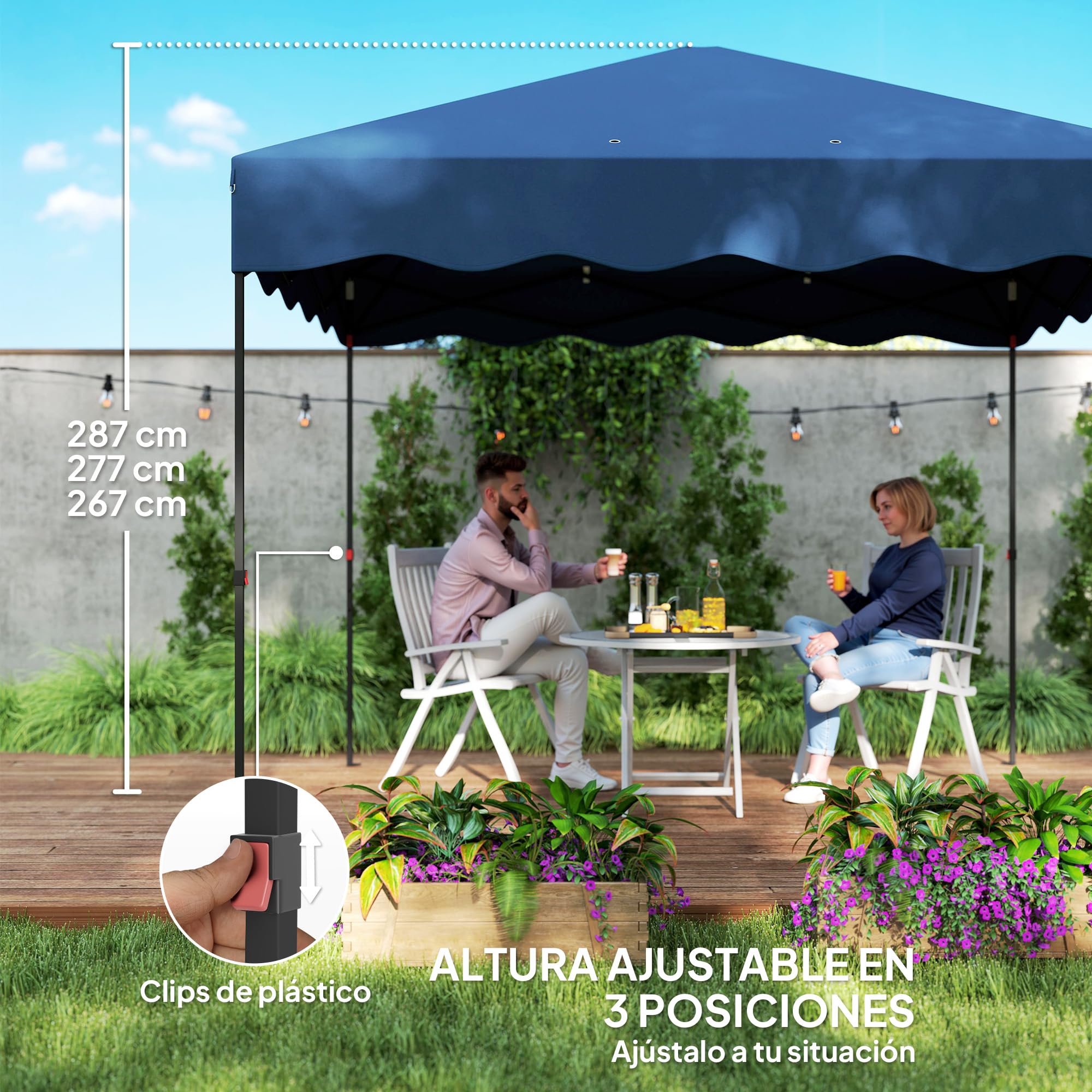 Outsunny Carpa Plegable Pop-up Gazebo 3x3 m Cenador Plegable con Protección UV 50+ Altura Ajustable Bolsa de Arena y Bolsa con Ruedas para Camping Fiestas Azul Oscuro
