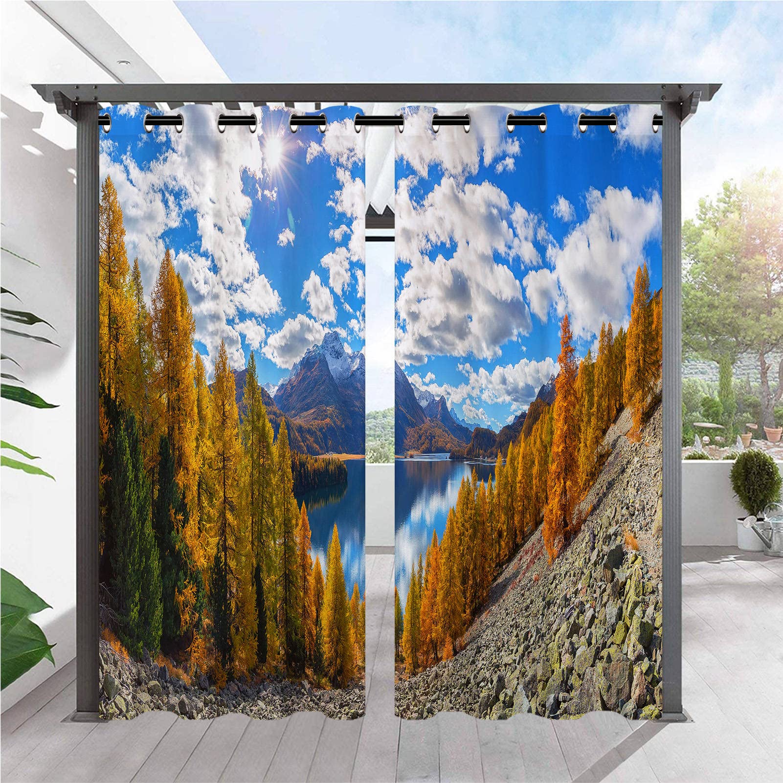 ANHOPE Outdoor Curtains Waterproof Eyelet Ring Top Drapes Autumn Forest Tree Mountain Lake Print Pattern Privacy Outside Curtains for Garden Patio Gazebo Pergola Porch Pool 2 Panels 52 x 94 Inch โ image 1