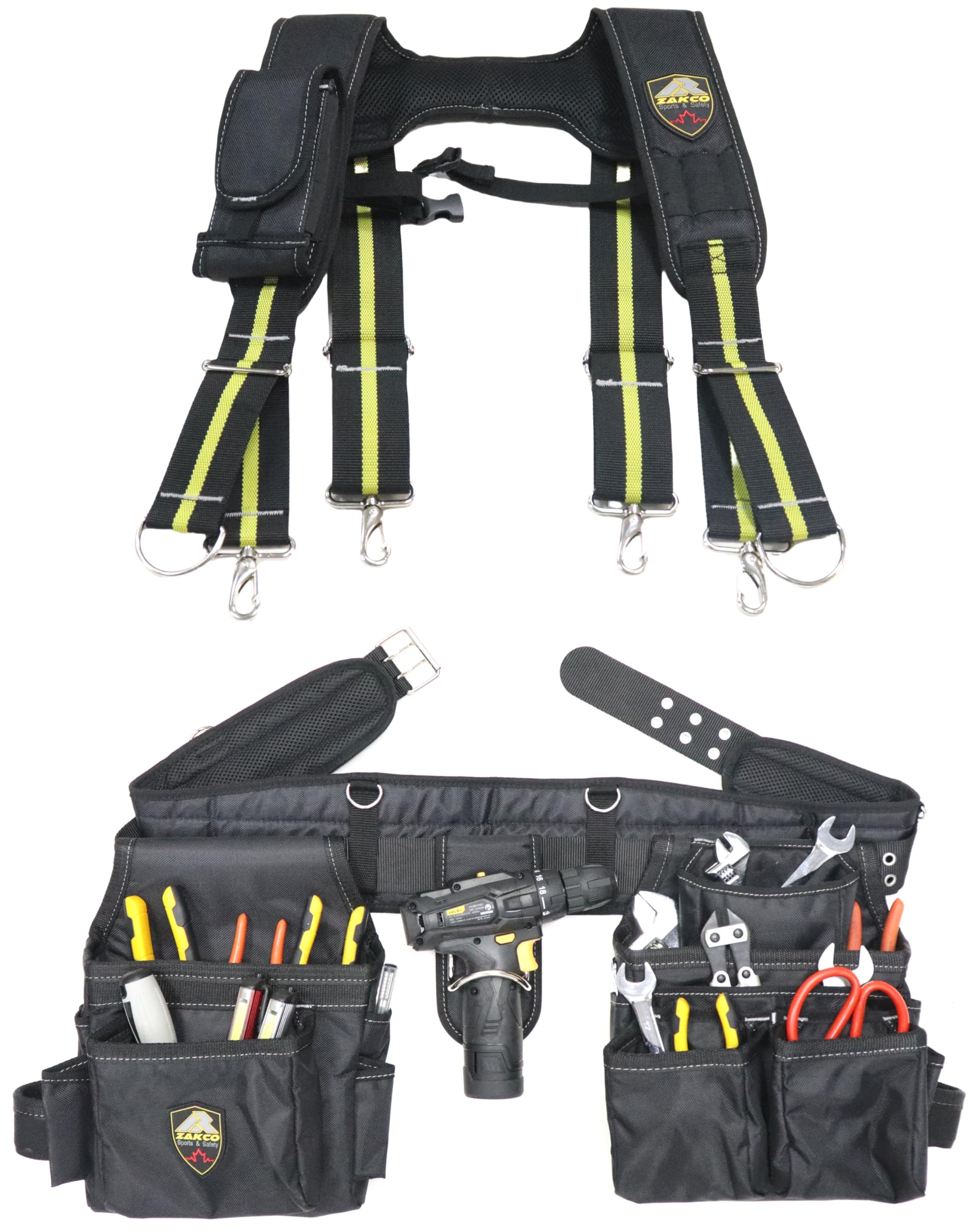 ZAKCO Professional 1680D Polyester Tool Belt with Suspender, Strudy Tool Belt for Carpenters, Framers, Electricians, Plumbers, Hanyman & DIY (Black,