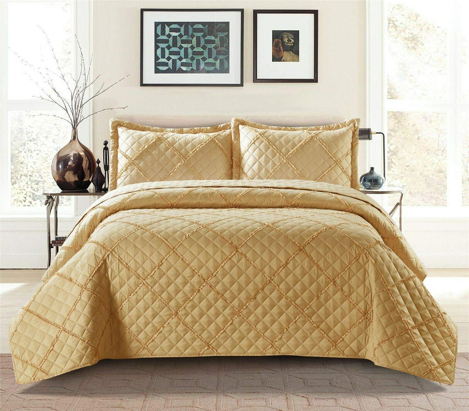 THL 3 Piece Border Quilted Bedspread Comforter with Pillowsham Beautiful Design Pair Cushion Covers (Mustard, King)