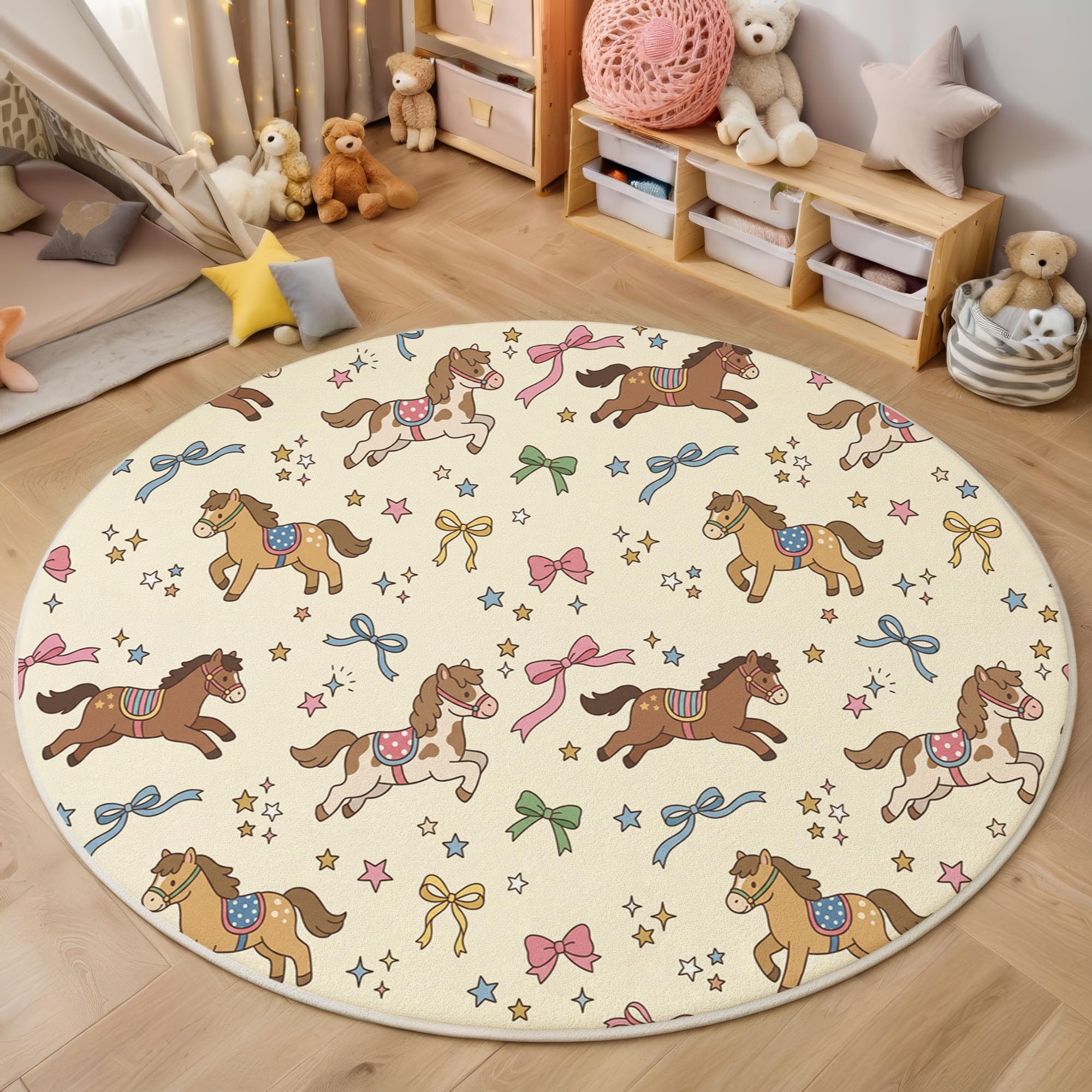 Tapis Rond Dessins Animés Mignons Animaux Beige Salon 100 Cm | Tapis Antidérapant Arc Cheval Ciel Étoilé Pour Chambre Enfant Salle Jeux Décoration, Moquette De Sol Poil Bas Lavable