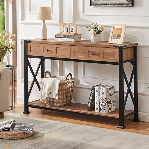 Miniatura 4 de HOMBAZAAR Mesa de entrada, mesa consola rústica con 2 cajones, mesas consola industrial con almacenamiento para entrada, pasillo, sala de estar,