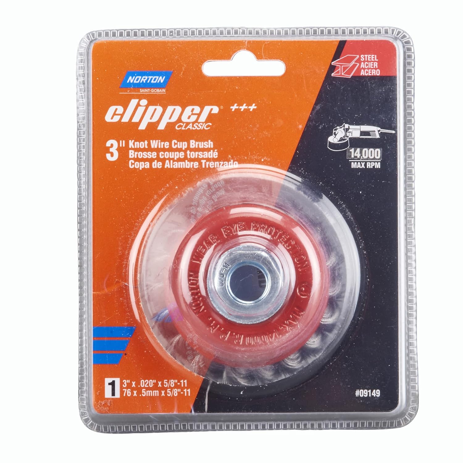 Norton Wire Brush, Clipper 3" Wire Cup Brush for Angle Grinder, Carbon Steel Metal Brush for Cleaning, Knotted Wire Metal Brush, Pack of 1