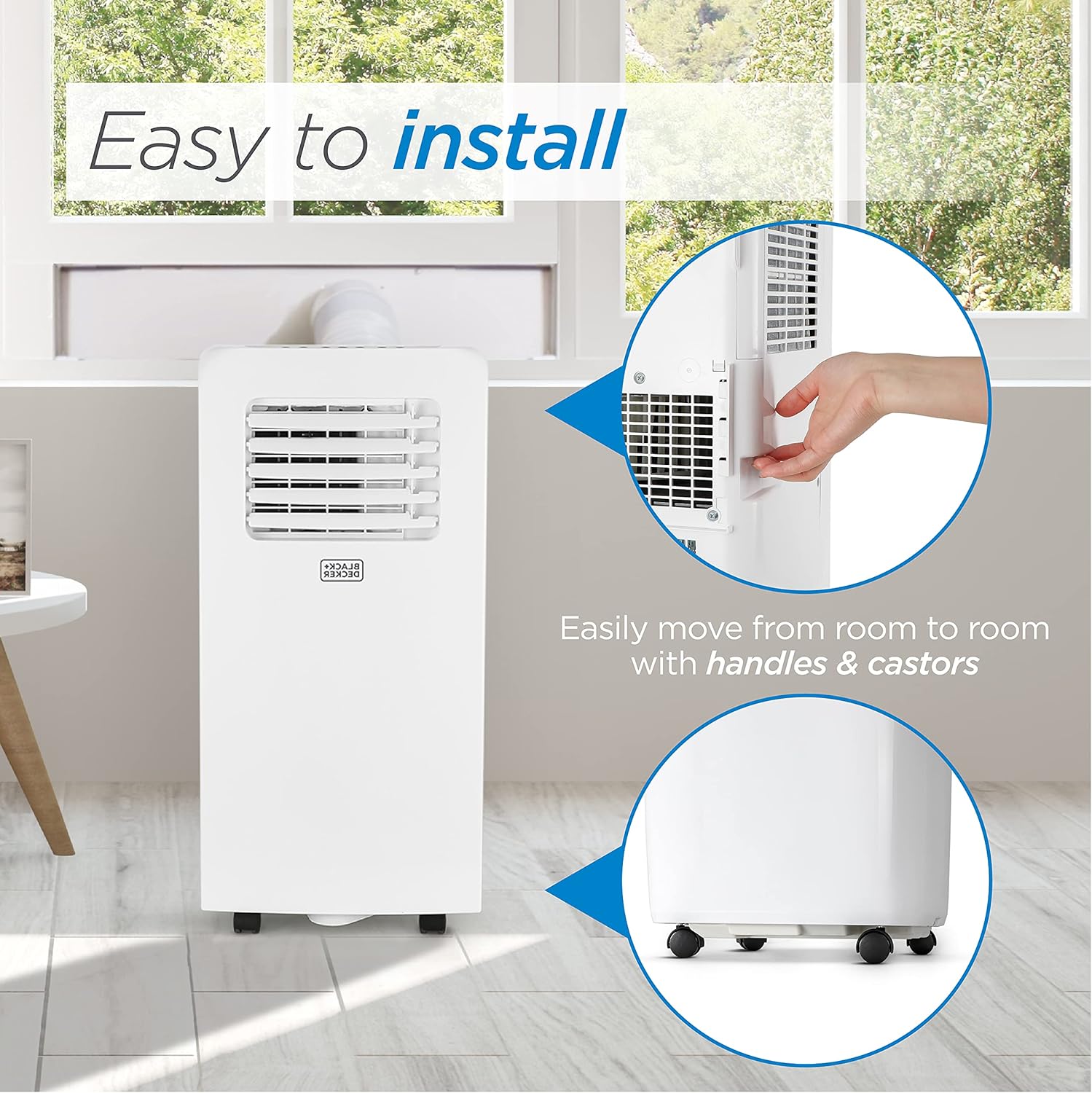 Diagram showing the dimensions of the BLACK+DECKER portable AC unit: 13 inches wide, 11.2 inches deep, and 26.77 inches high.