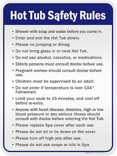 Vista 40 de Letrero de reglas de seguridad para bañera de hidromasaje, 10 x 14 pulgadas, libre de óxido, aluminio 040, resistente a la decoloración, fabricado