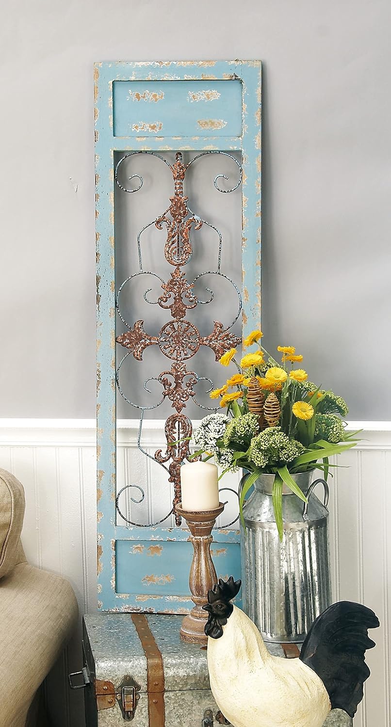 Deco 79 Wood Scroll Home Wall Decor Arabesque Wall Sculpture with Metal Fleur De Lis Relief, Wall Art 14" x 1" x 47", Teal