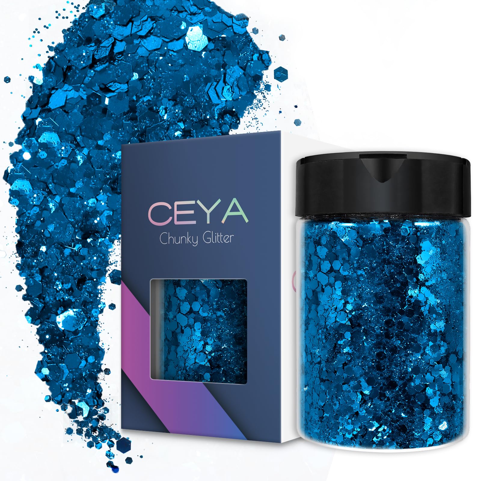 Ceya Chunky Glitter, 4.9oz/ 140g Admiral Blue Craft Glitter Powder Mixed Fine Flakes Iridescent Nail Sequins for Nail Art, Hair, Epoxy Resin, Tumblers