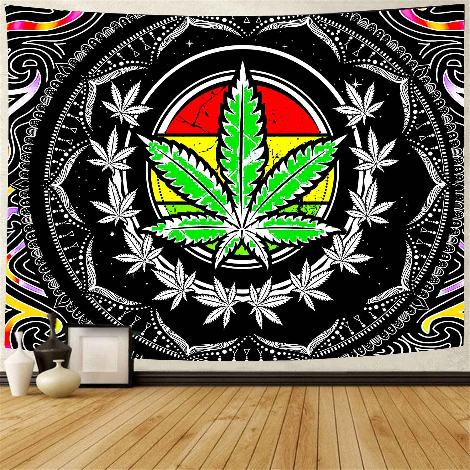 Tapisserie Feuille De Mauvaises Herbes Cannabis Bohème Mandala 150x200cm - Tenture Murale Trippy Décoration Chambre