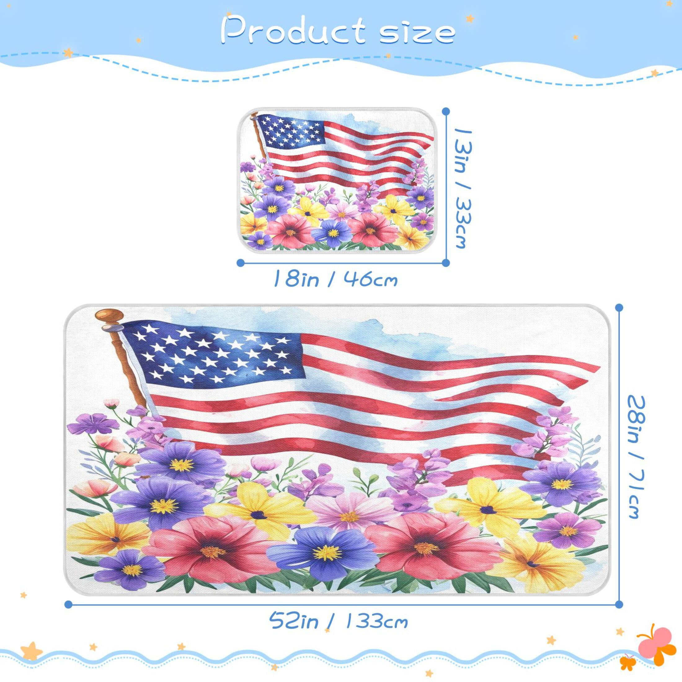Takiito American Flag with Flowers Baby Cooling Mattress Pad, Soft & Breathable Cooling Mat Keep Baby Cool in Summer 28x52 in, Nursery Essential