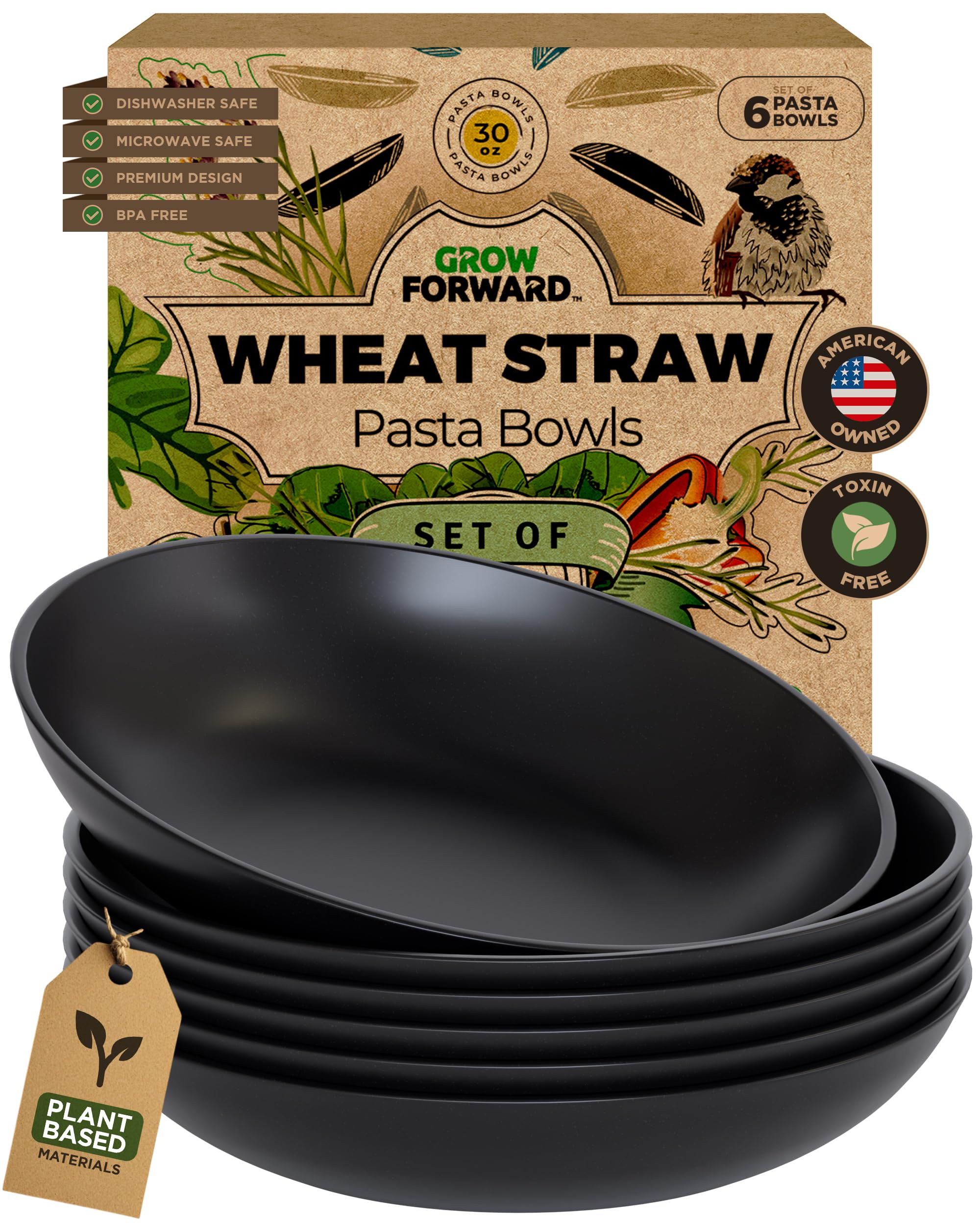 Photo 1 of Grow Forward Premium Wheat Straw Pasta Bowls - 30oz Unbreakable Wide & Shallow Dinner Plate Bowls Set of 6 - Microwave Safe Reusable Plastic Pasta Bowls for Kids, Adults, Salad, Camping, RV - Midnight