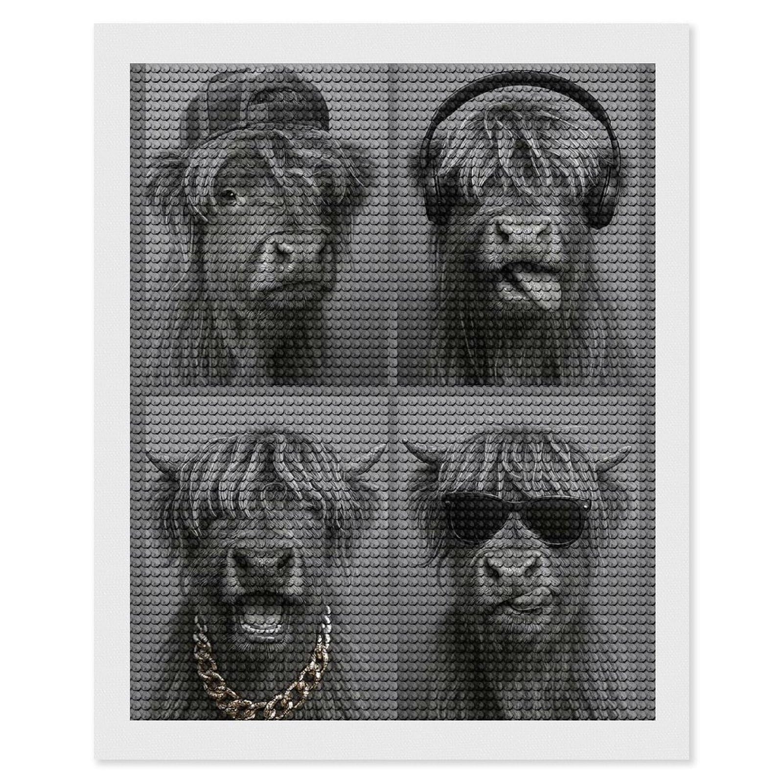 Junmoney Cool Cows in Monochrome Diamond Art Canvas 16"x20", for Adults, Pleasing Wall Art Project, Modern Decor, Gift Idea, Nice Detail and Sparkle