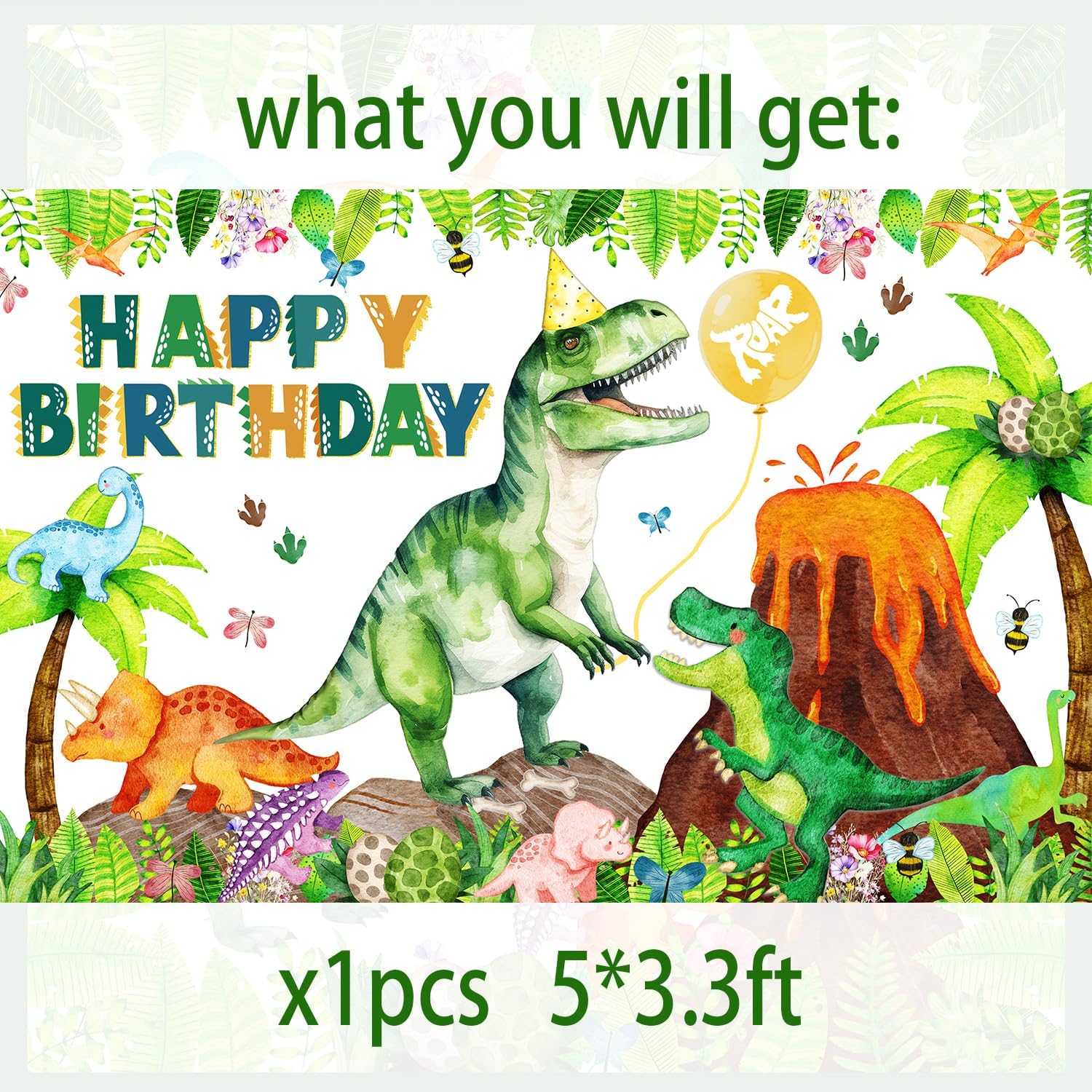 Dinosaur Birthday Backdrop Banner Roar Dino Happy Birthday Jungle Leaves T-rex Dinosaur Photography Background for Boy Girl 1st 2nd 3rd 4th 10th Bday Party Supplies Decor (Green Happy Bday Generic) - Image 2