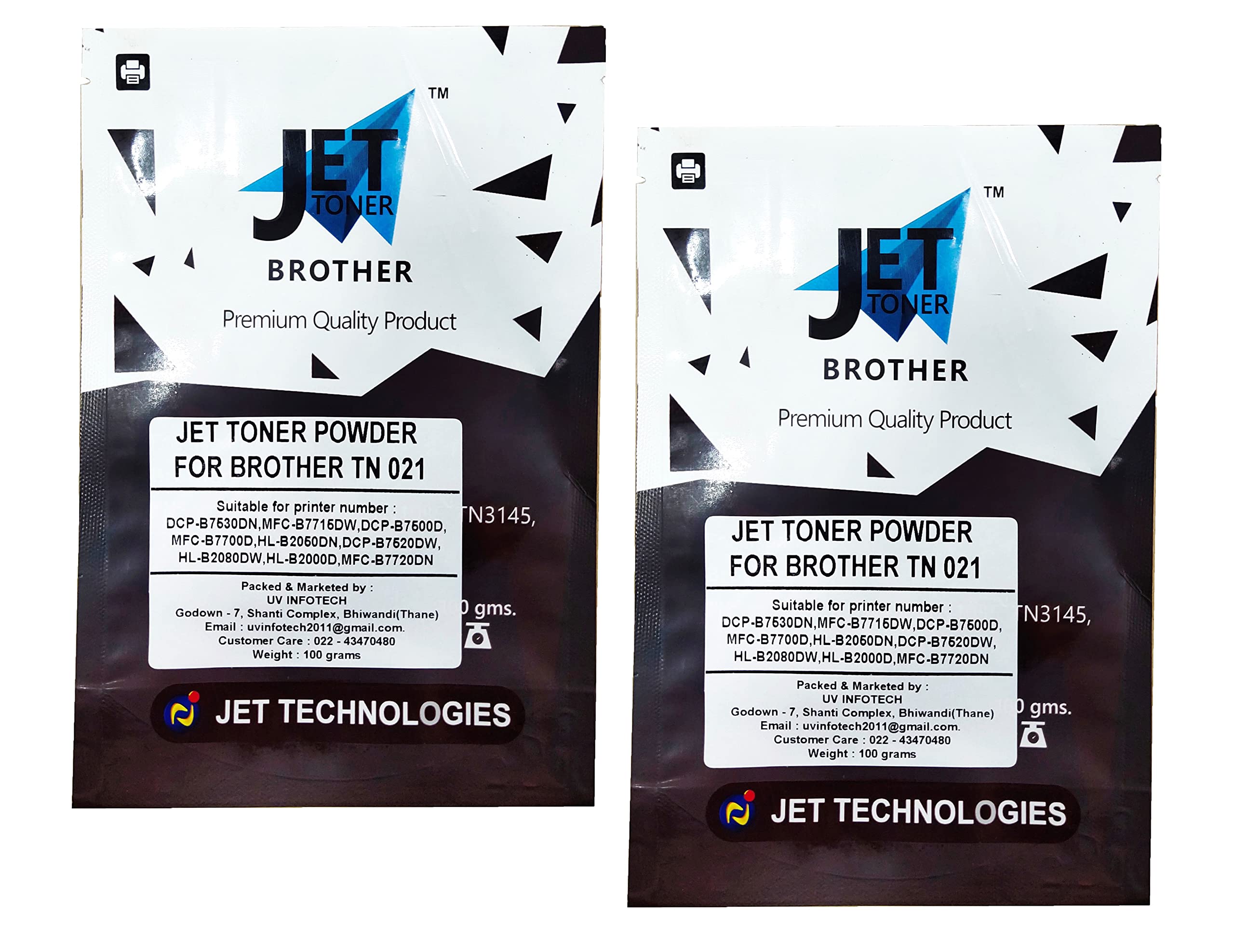 JET TONER Toner Powder Compatible for Brother TN-B021 HL-B2000D, DCP-B7500D, MFC-7715DW, B2080DW, B7535DW Printers Black Ink Toner Powder (Pack of 2)