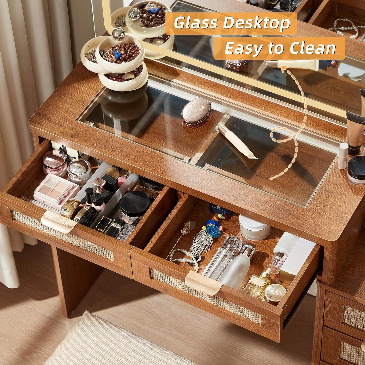 LEYAOYAO Fluted Makeup Vanity Desk with Mirror and Lights, 43.5'' Blue Vanity Table with Glass Top and Power Outlet, Make Up Vanity with 6 Drawers and Adjustable Shelves for Bedroom