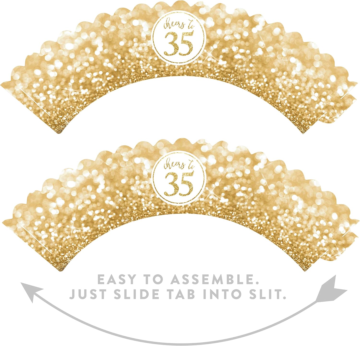 Andaz Press Glitzy Faux Gold Glitter Cupcake Wrapper Decorations, Cheers to 35 Years, 35th Birthday or Anniversary, 24-Pack, Not Real Glitter