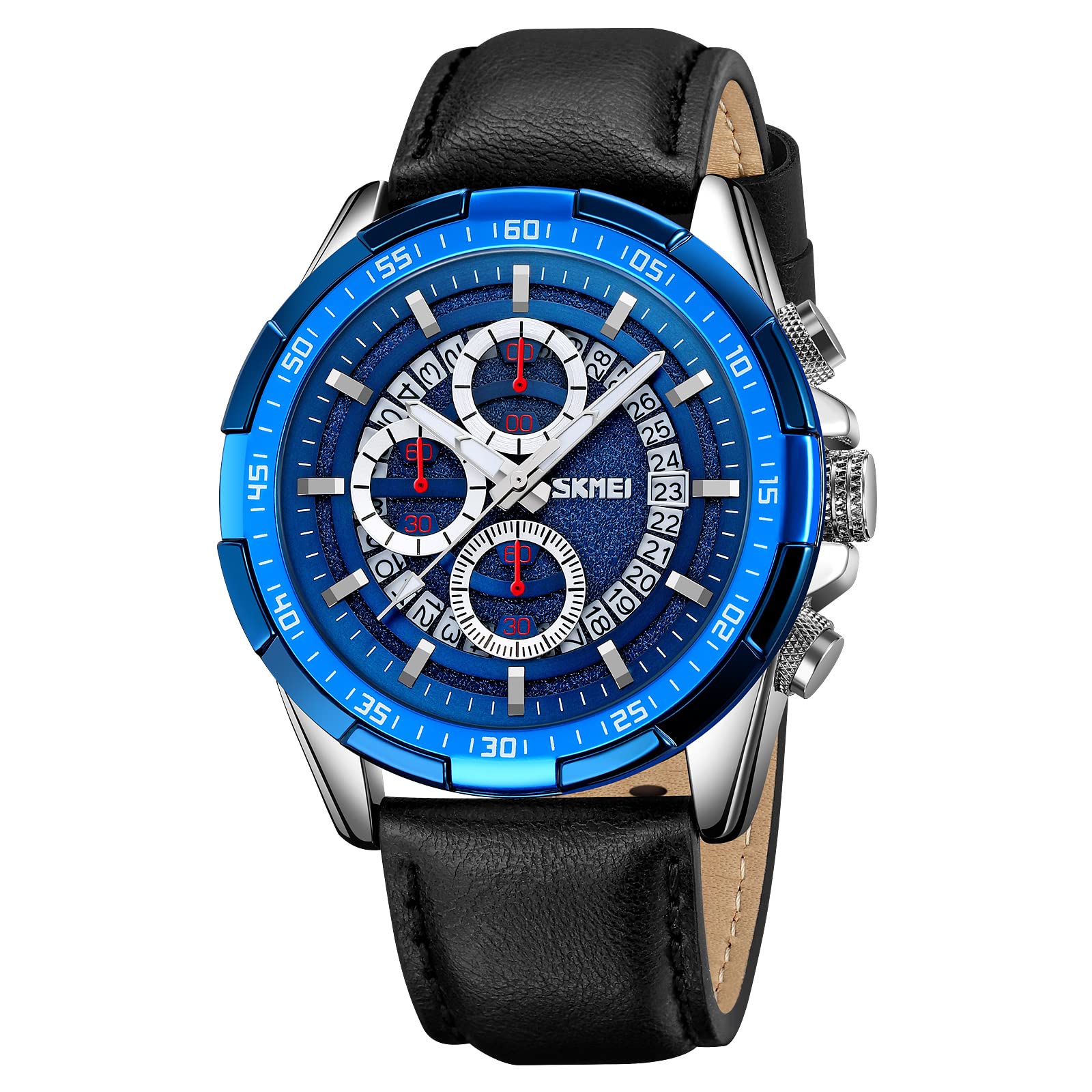 SKMEI Men’s Watch Leather Strap Easy to Read Large Face Casual Fashion Waterproof Analog Quartz Luxury Father Gift Black Blue Wrist Watch-9312 (B0C3HBJ3HX) Amazon Price History, Amazon Price Tracker