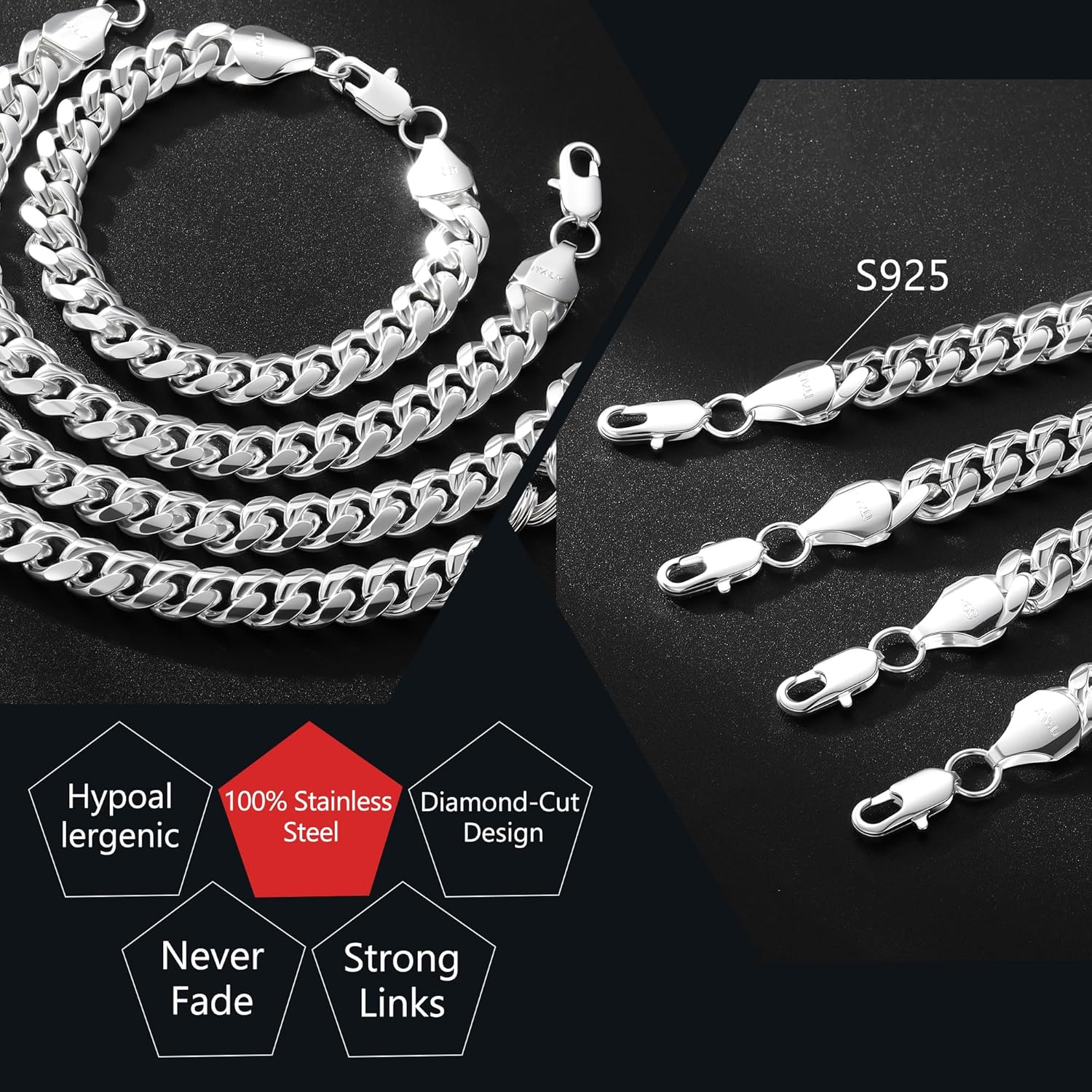 S925 Sterling Silver Cuban Link Bracelet for Men - 10MM S925 Sterling Silver Over Cuban Chain Bracelet Diamond Cut Silver Bracelets Gifts for Men 7.5/8/8.5/9Inch