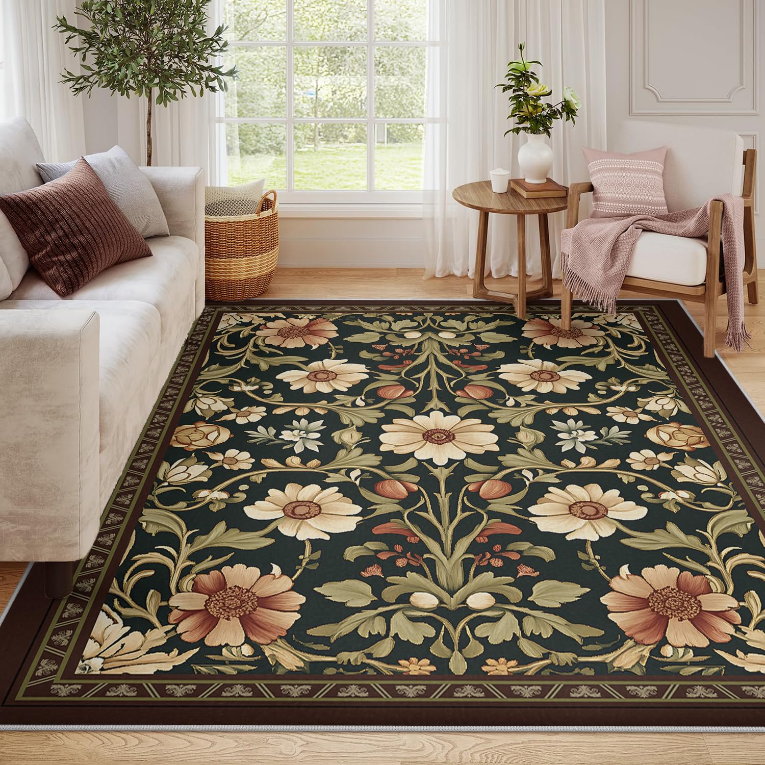 Tapis de salon 140x200 cm lavable et antidérapant style vintage floral