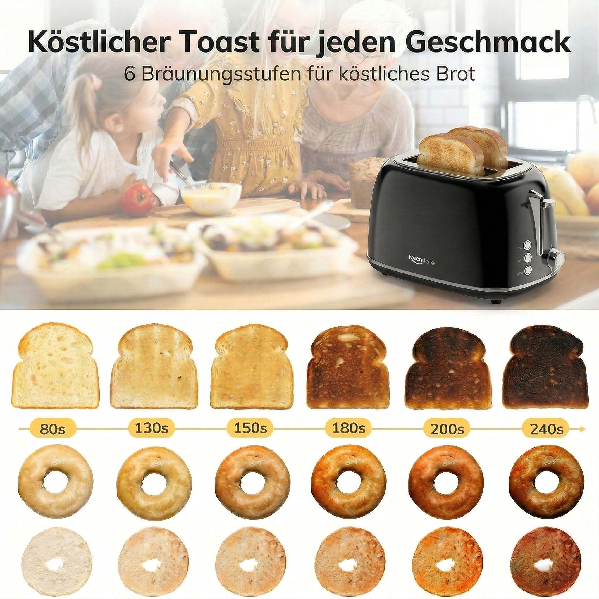 Keenstone Toaster 2 Scheiben, Retro Edelstahl Toaster mit breitem Schlitz, 6 Bräunungsstufen, mit Warmhalterost, Aufwärm- & Auftaufunktion, für Toast und Brot, herausnehmbare Krümelschublade