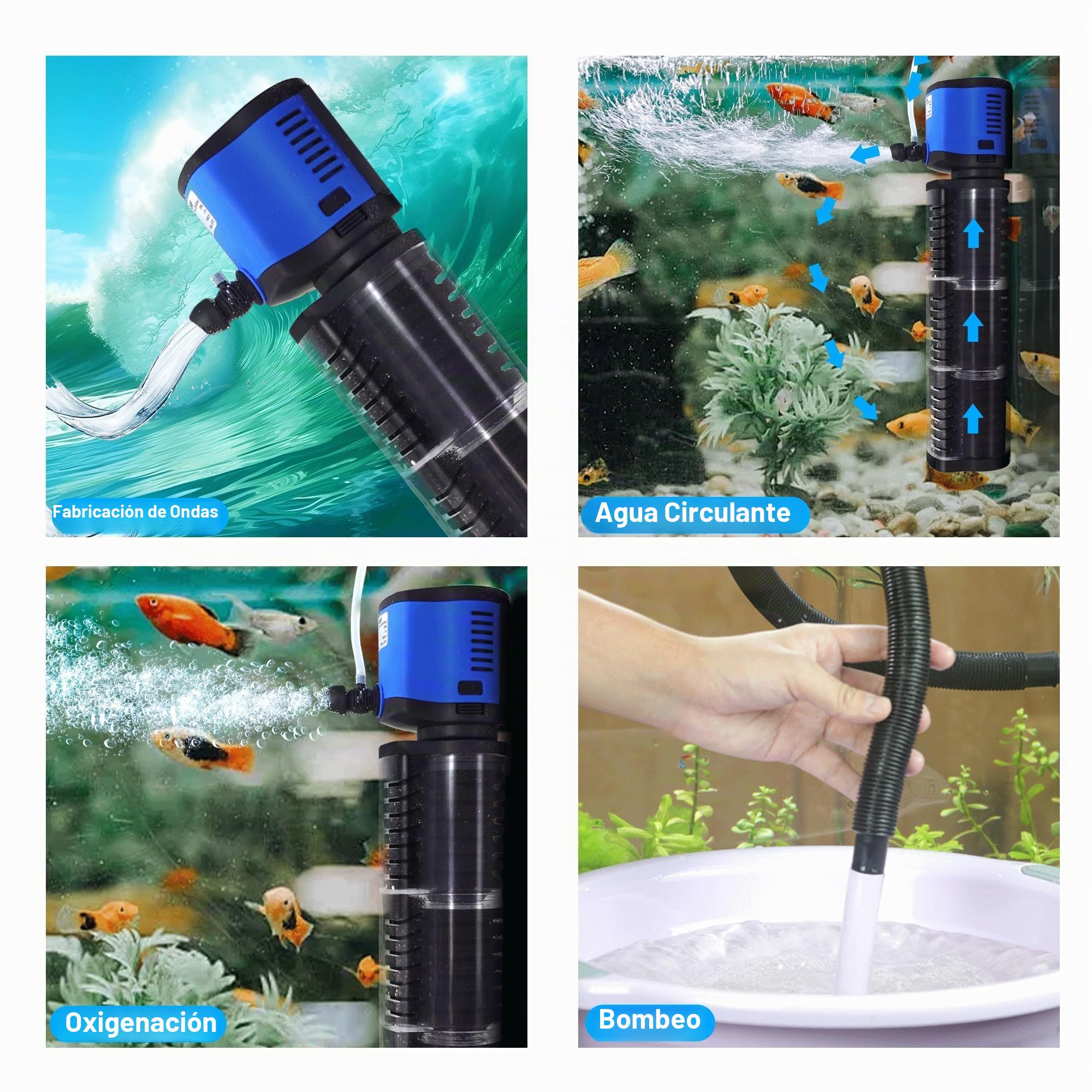 Tararium Bomba sumergible para acuario 4 en 1, filtro de 1500 l/h para 300-750 litros, filtro interior silencioso para acuarios grandes, estanques y tortugas con protección contra marcha en seco (agua