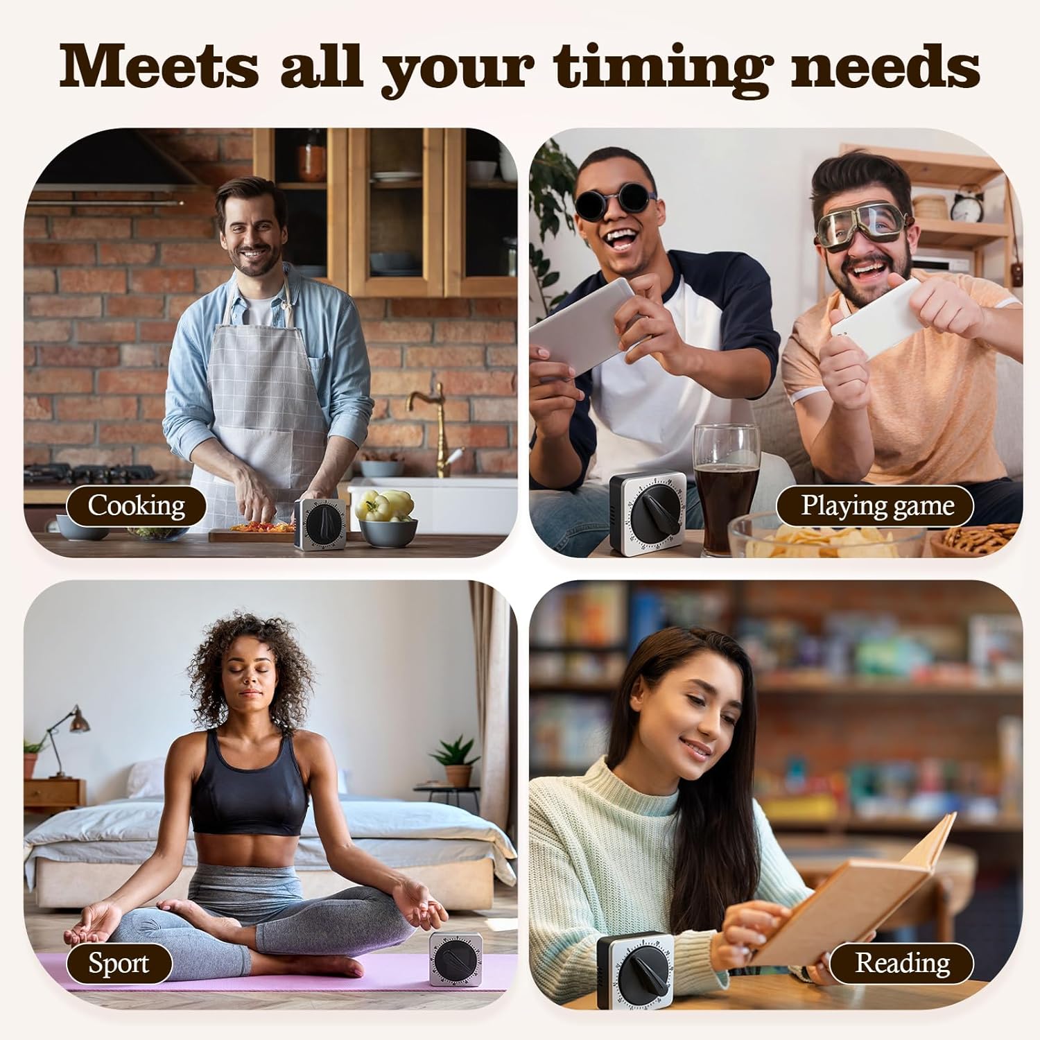 4 Pack Mechanical Kitchen Timer for Chef Cooking Countdown Reminder 60 Minute Wind up Magnetic Stainless Steel Loud Alarm No Batteries Desk Timer for Sport Home Office