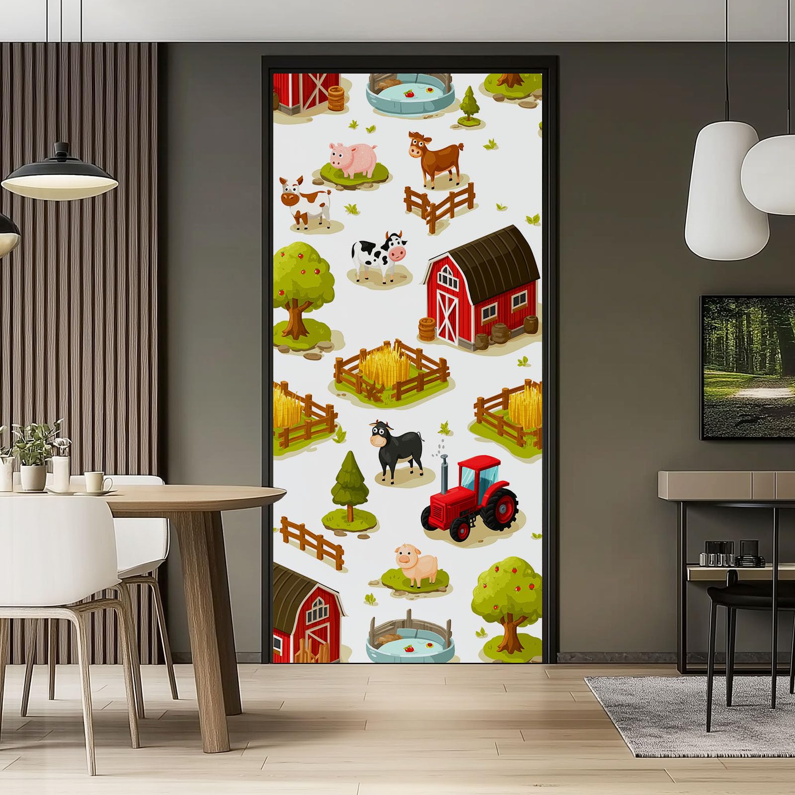 Biała kreskówka, stodoła, folia na drzwi, plakat na drzwi, plakat 80 x 210 cm – wodoszczelna, zdejmowana naklejka na drzwi z PCW, śliczna naklejka na drzwi z motywem zwierząt gospodarskich