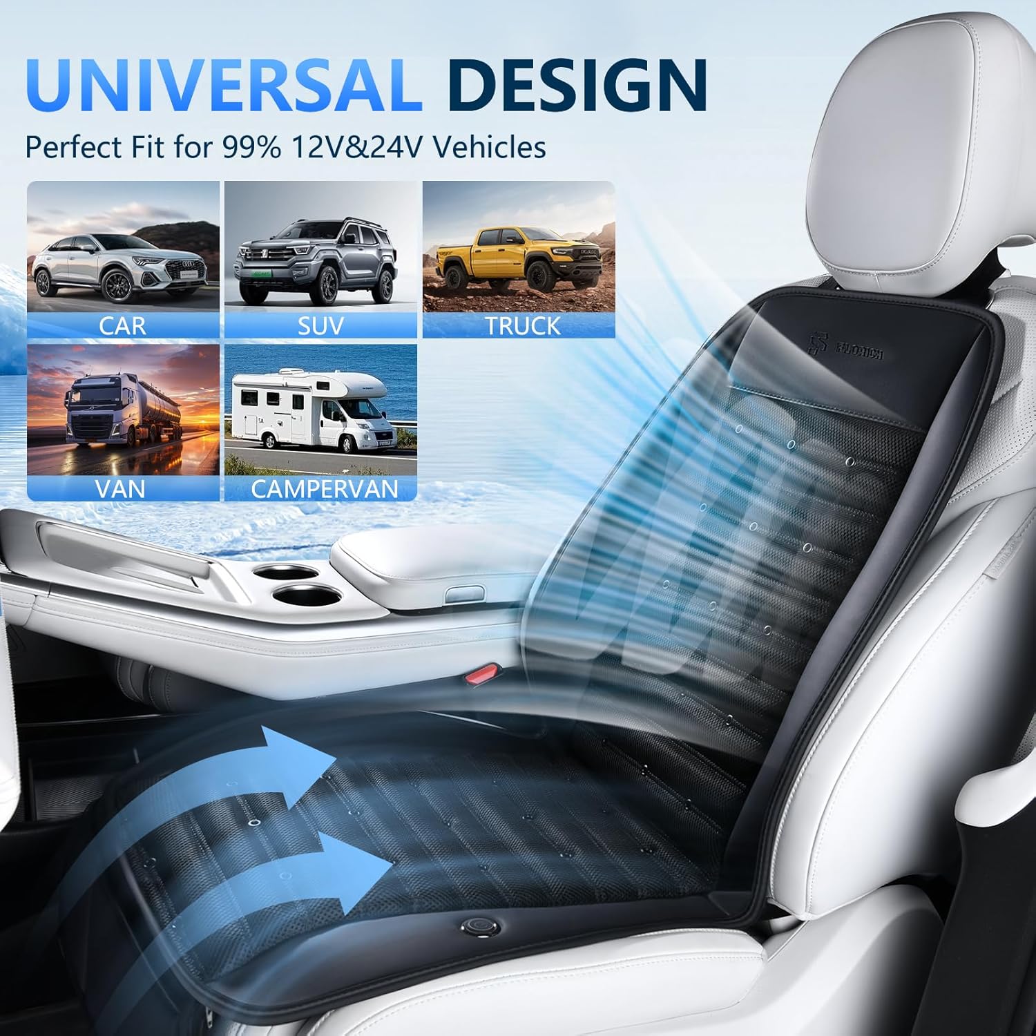 Images of various vehicle types (car, SUV, truck, van, campervan) demonstrating the universal fit of the cooling seat cover.