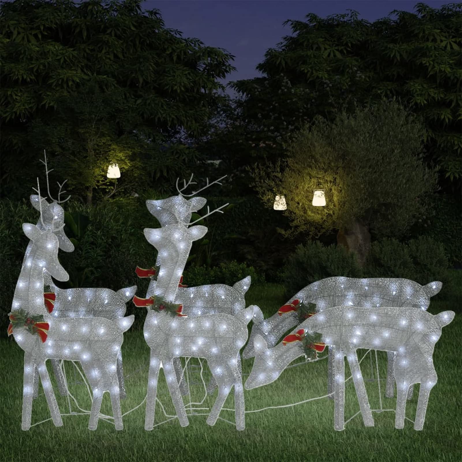 Renos de Navidad 6 Piezas de Malla Blanco frío Plateado, Figuras LED, Decoracion Navidad Exterior, Figura Luz Navidad, Reno Luminoso Exterior, Navidad Exterior Figuras