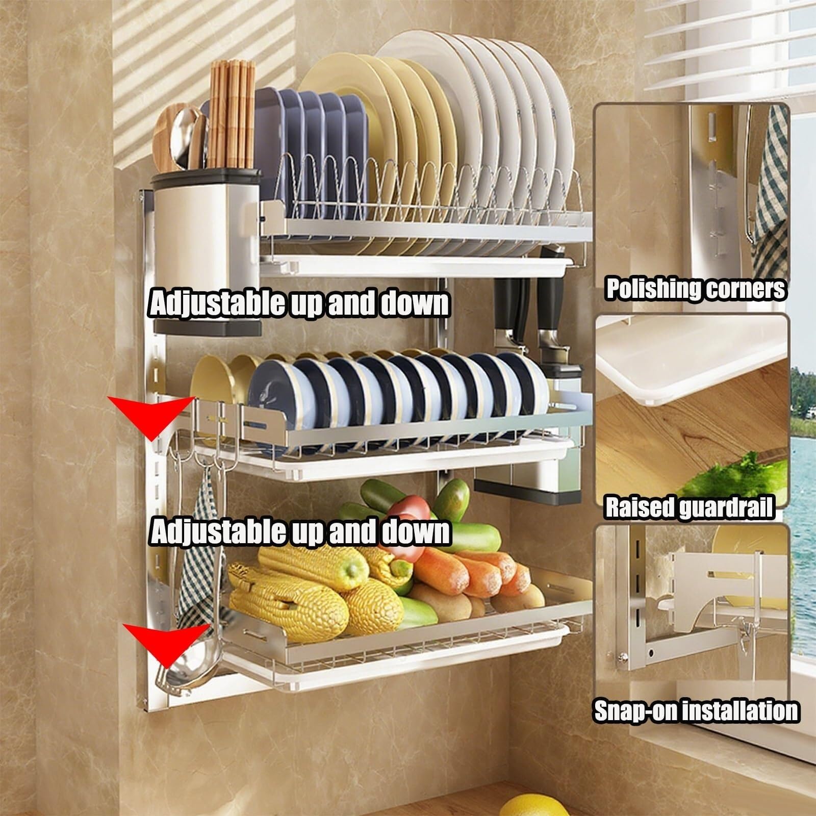 Escurreplatos de pared de 2/3 niveles, extra grande escurridor de platos | Escurreplatos grandes multifuncionales for encimera de cocina