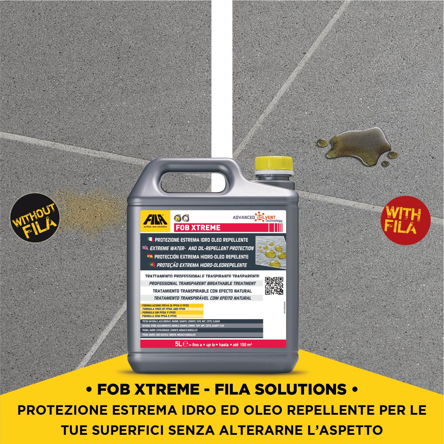 FILA Surface Care Solutions, FOB XTREME, Protettivo Antimacchia Traspirante ad Alta Performance, Blocca l'Assorbimento di Sostanze Oleose, Grasse (oli, sapone, shampoo), Colorate e Acqua, 5L