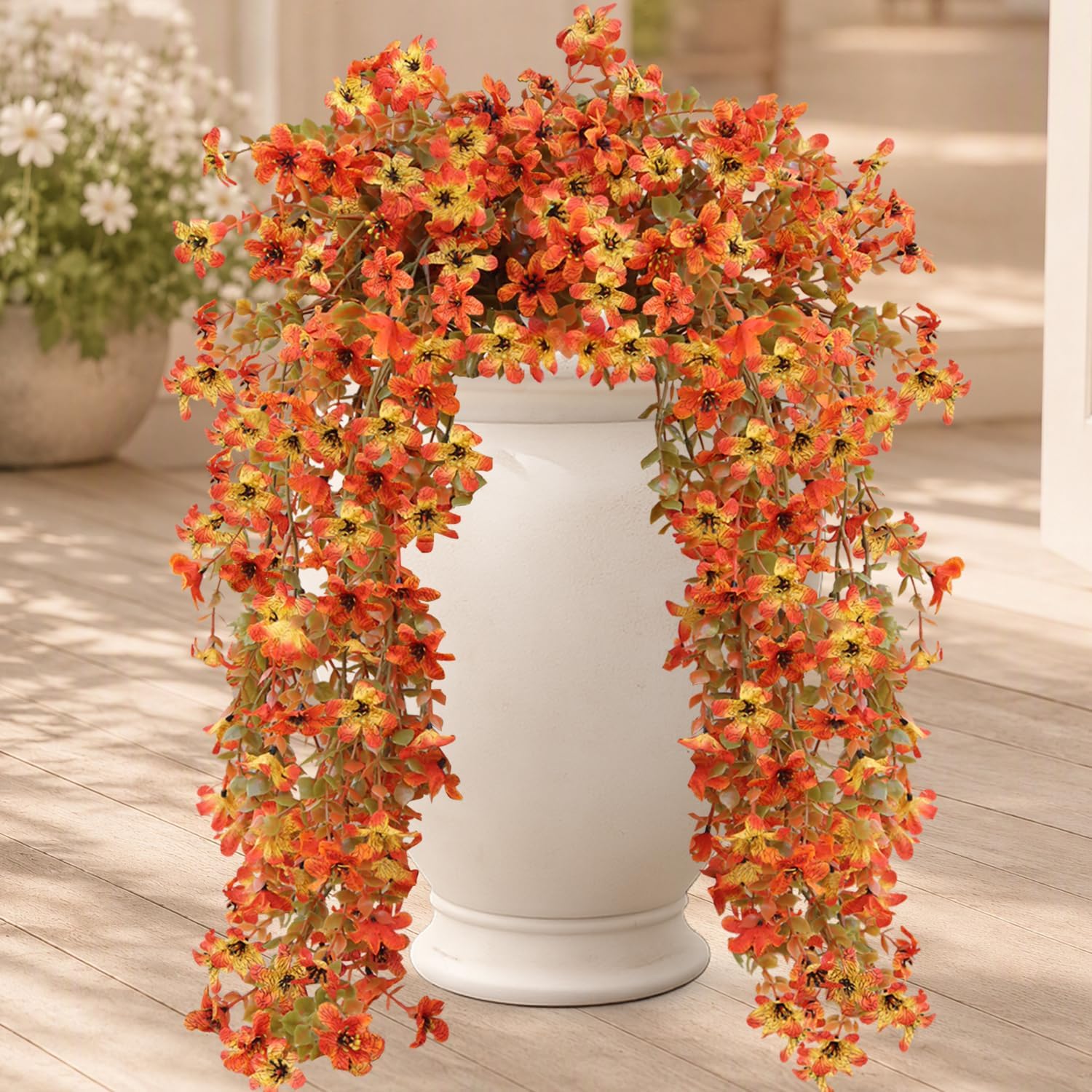 2pcs Artificial Fall Hanging Flowers for Outdoors, UV-Resistant Faux Autumn Mums for Outdoor Planters, Window Boxes, Hanging Baskets, Porch, Patio, Garden & Indoor Decor