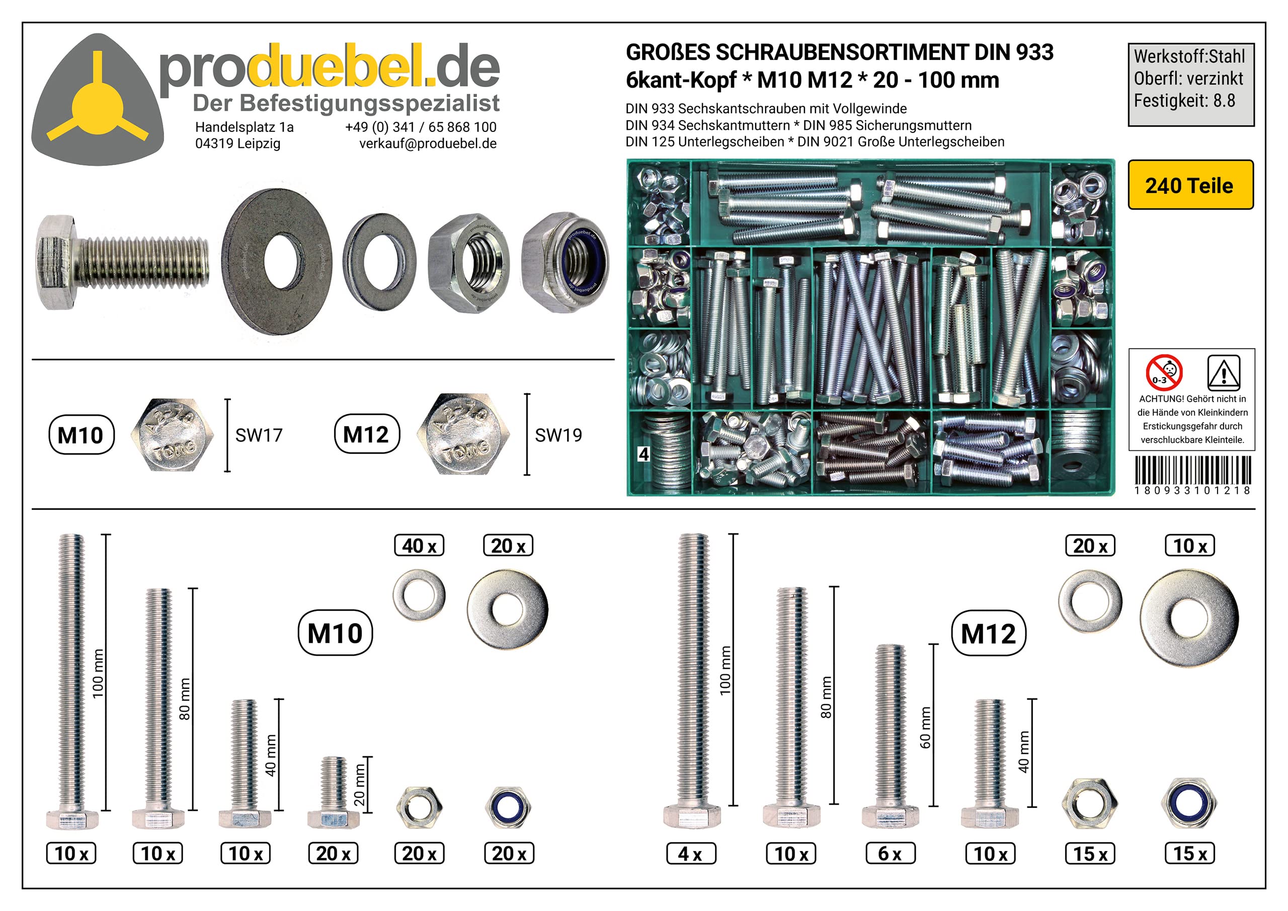 Sparset Großes Schrauben-Sortiment DIN 933 M4/M5/M6/M8 und M10/M12 Stahl verzinkt 2001-tlg. (Standard-Box)