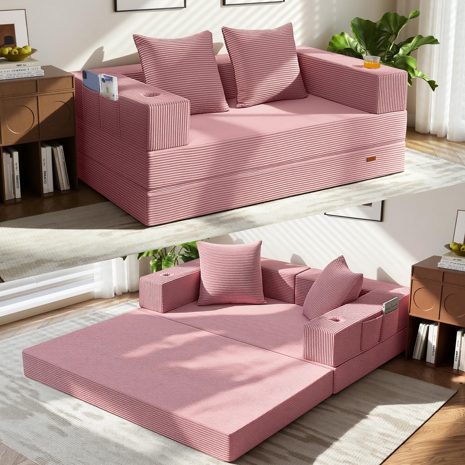 COMAX Boneless Futon Sofa Bed, 59" Small Low-Profile Floor Couch, Pink