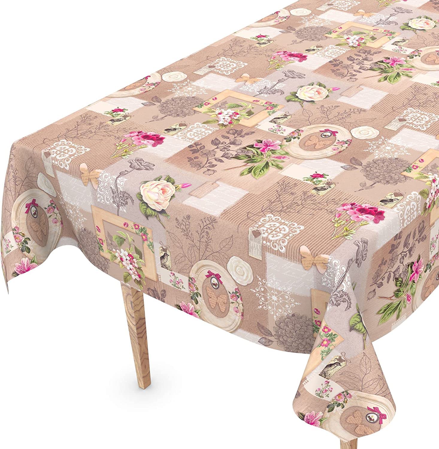 Natural Beige Brown Butterfly Birds PVC Oil Vinyl Plastic Table Cloth Rose Flowers Pink Green Leaves Party Wipe Clean 200cm x 140cm (79" x 54" inches) 2 Metres Rectangle To Fit 4 - 6 Seater Table