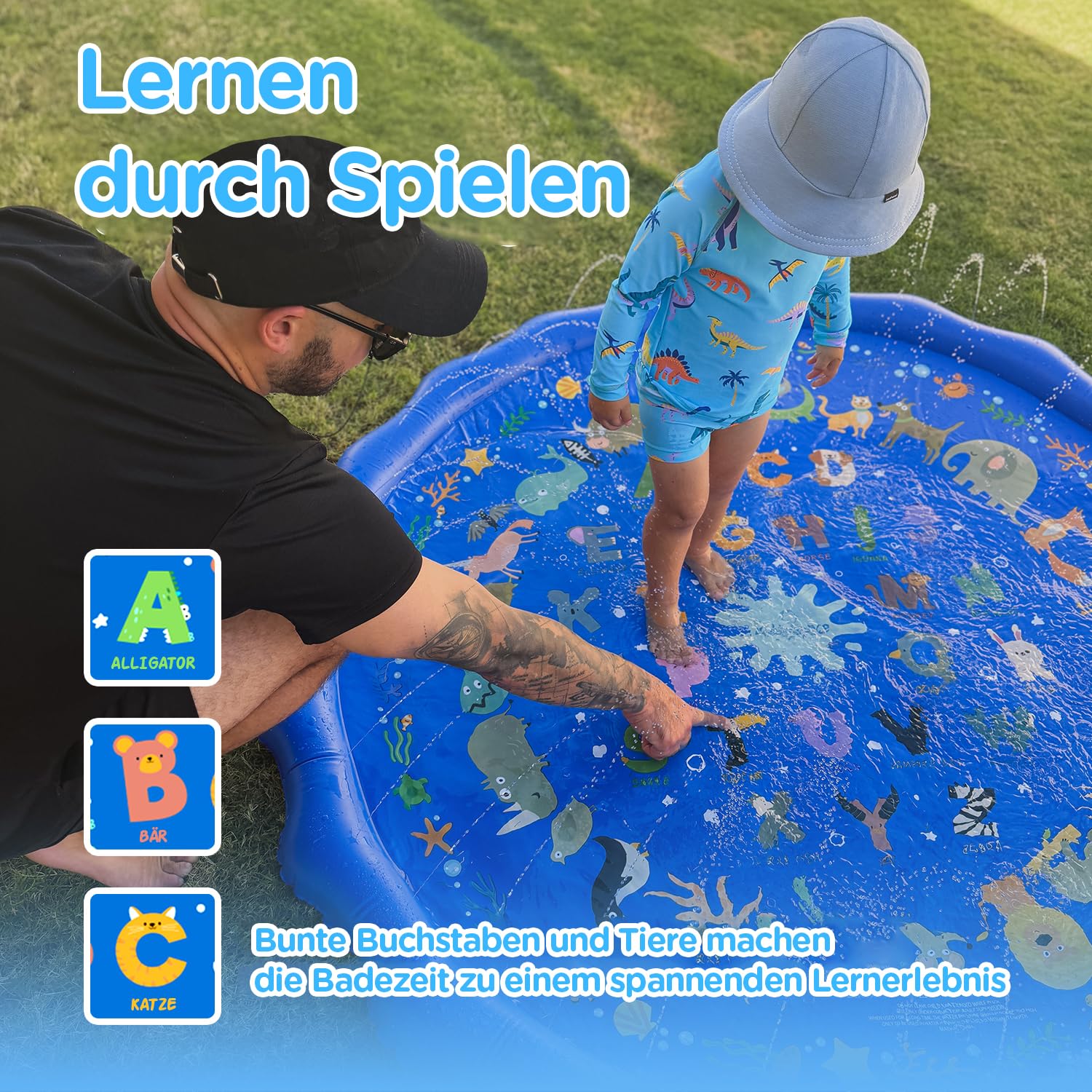 KiddoSpace Splash Pad – rutschfeste Wassermatte mit Lerndesigns, ideal für draußen im Sommer, inkl. Lernkarten, BPA-frei, perfekt für Kleinkinder & Kinder.