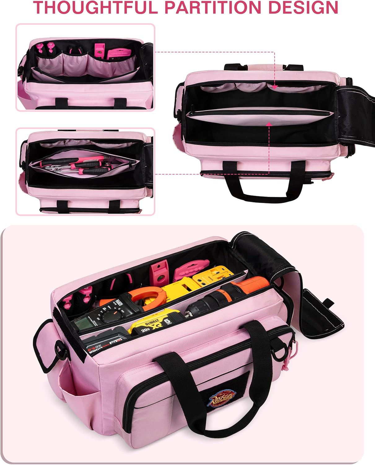 Tactical Tool Bag for Women, 16 Inches Tool Storage Organizer Box with Wide Mouth, Large Toolbag Toolbox with Handle, Pink (Empty Bag Only) - Image 2