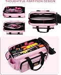 Sac à outils rose pour les femmes, 16 Boîte de rangement d'outils Inches Spacieuse Compartiment principal, Ouverture large, Poches multiples, Poignée rembourrée, Bracelet d'épaule réglable, tactique MOLLE Boucle