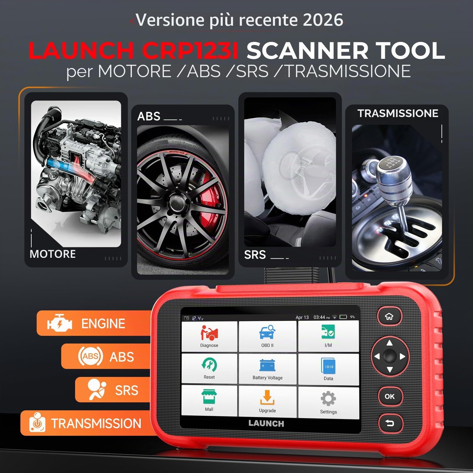 LAUNCH CRP123I V2.0 OBD2 Diagnostica Auto, 4 Sistemi OBD2 Diagnostico per ABS SRS Trasmissione Motore, Scanner di Codici con Olio/EPB/DPF/SAS/BAS/BMS/Ripristino Acceleratore, Test della Batteria