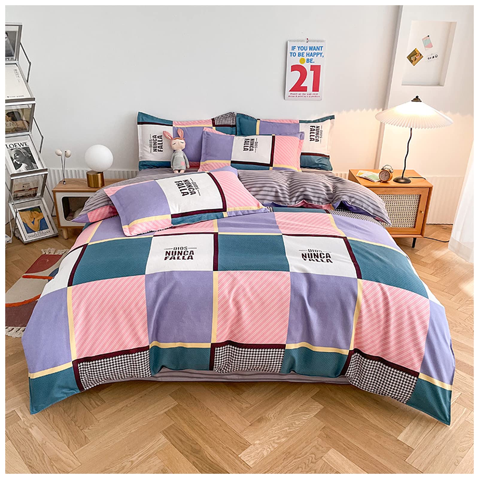 Duvet Cover Set, Thicken Pure Cotton Sanding Simplicity Bed Sheet Bedings, Small Fresh Pillowcase Duvet Cover Three-Piece Suit (W,1.2 bed sheet)