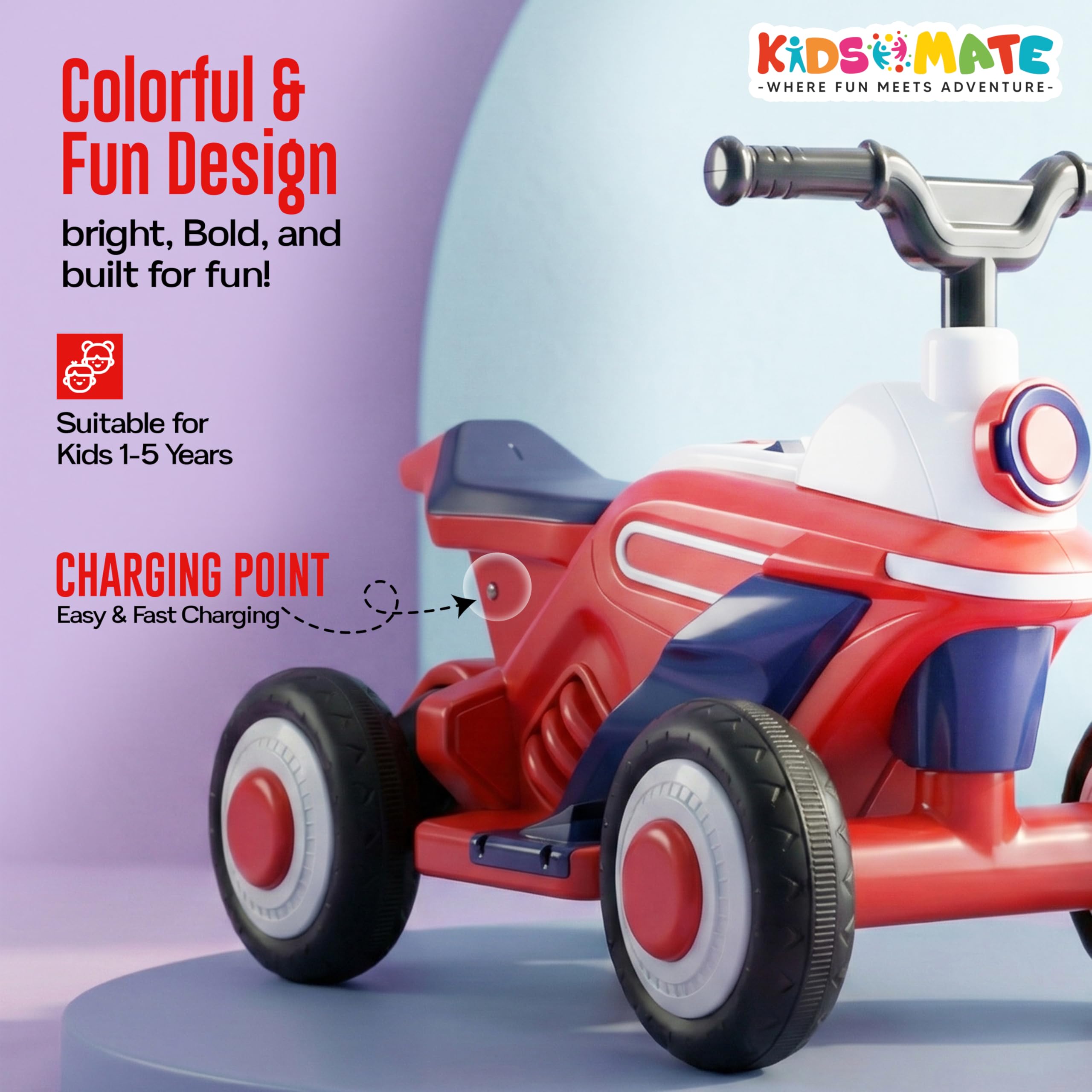 Kidsmate Star Racer Electric Bike for Kids | Safe Battery-Powered Motorbike Built-in Music, USB & Foot Accelerator | Comfort Backrest & Dual Direction Switch | Easy-to-Ride for Kids 1 to 4 Year - Red 2
