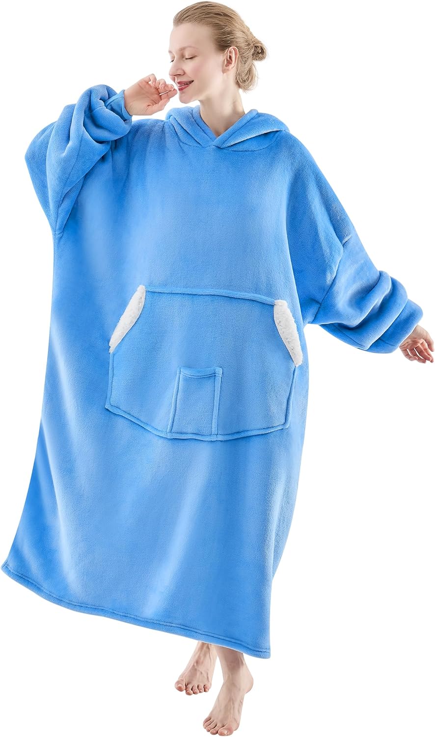 Wearable Blanket Hoodie, Birthday Christmas Gifts for Women Mom Girlfriend, Oversized Cozy and Giant Flannel Sherpa Hooded Sweatshirt Blanket with Hood Pockets & Sleeves, Extra-Long, Blue