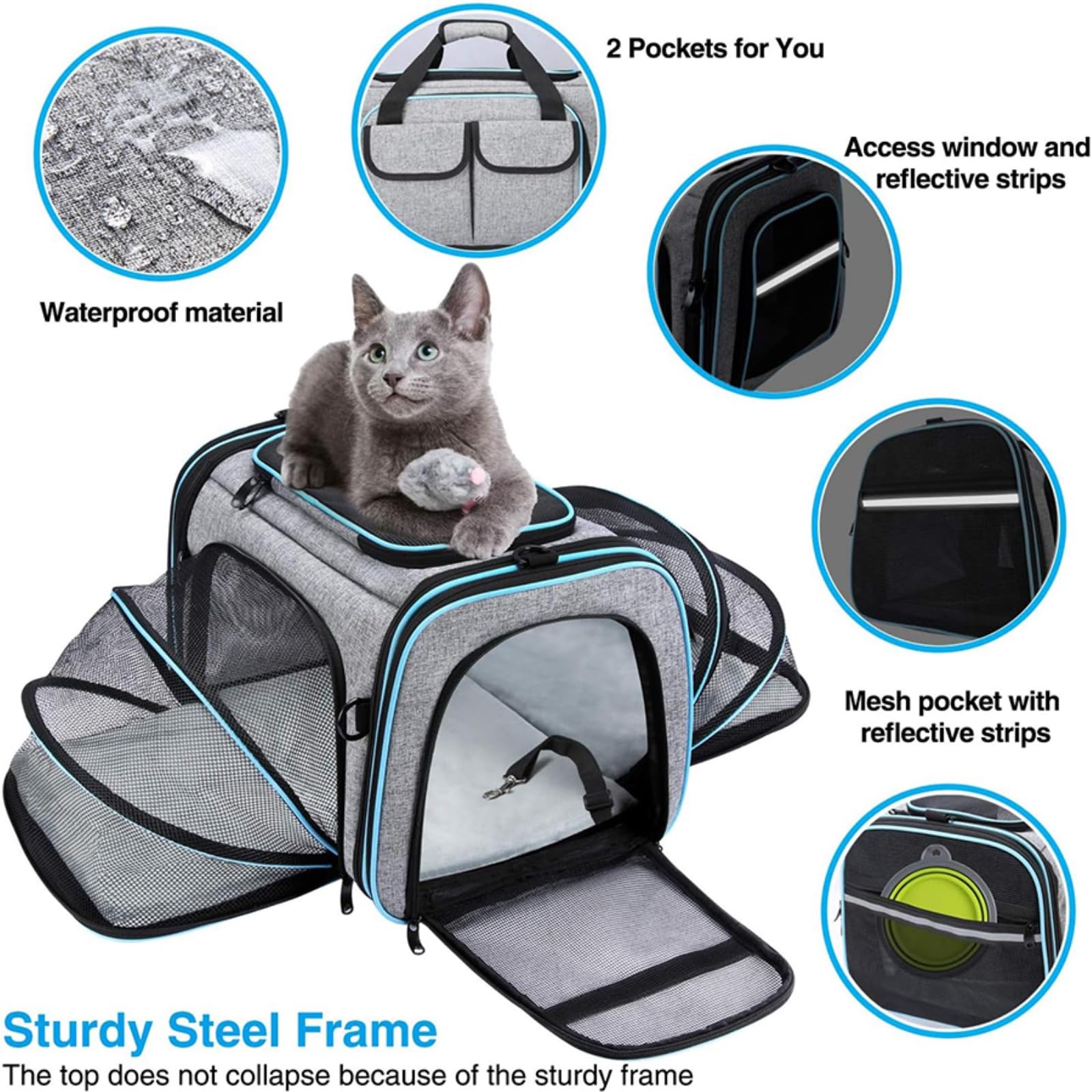 Borsa Viaggio Animali Carrier di per Domestici Espandibile A Lato Morbido Piccoli Cani E Gatti, Pieghevole Approvata dalla Compagnia Aerea con Ingresso 4 Vie-Deep Blue-s
