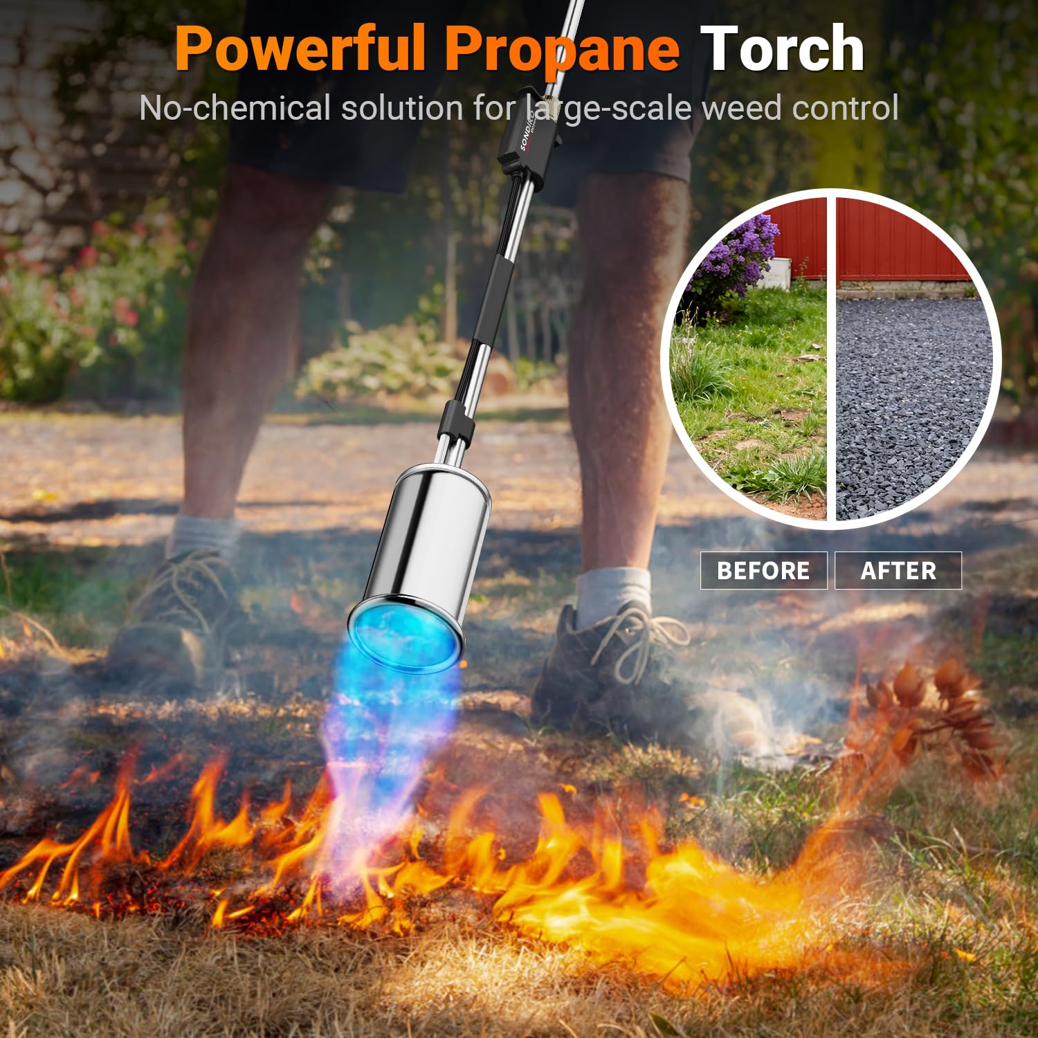 Sondiko Torcia a propano, bruciatore per erbacce, ad alto rendimento, lanciafiamme con braccio lungo staccabile da 76,2 cm, per giardino, legno, ghiaccio, neve, fusione (serbatoio di propano non