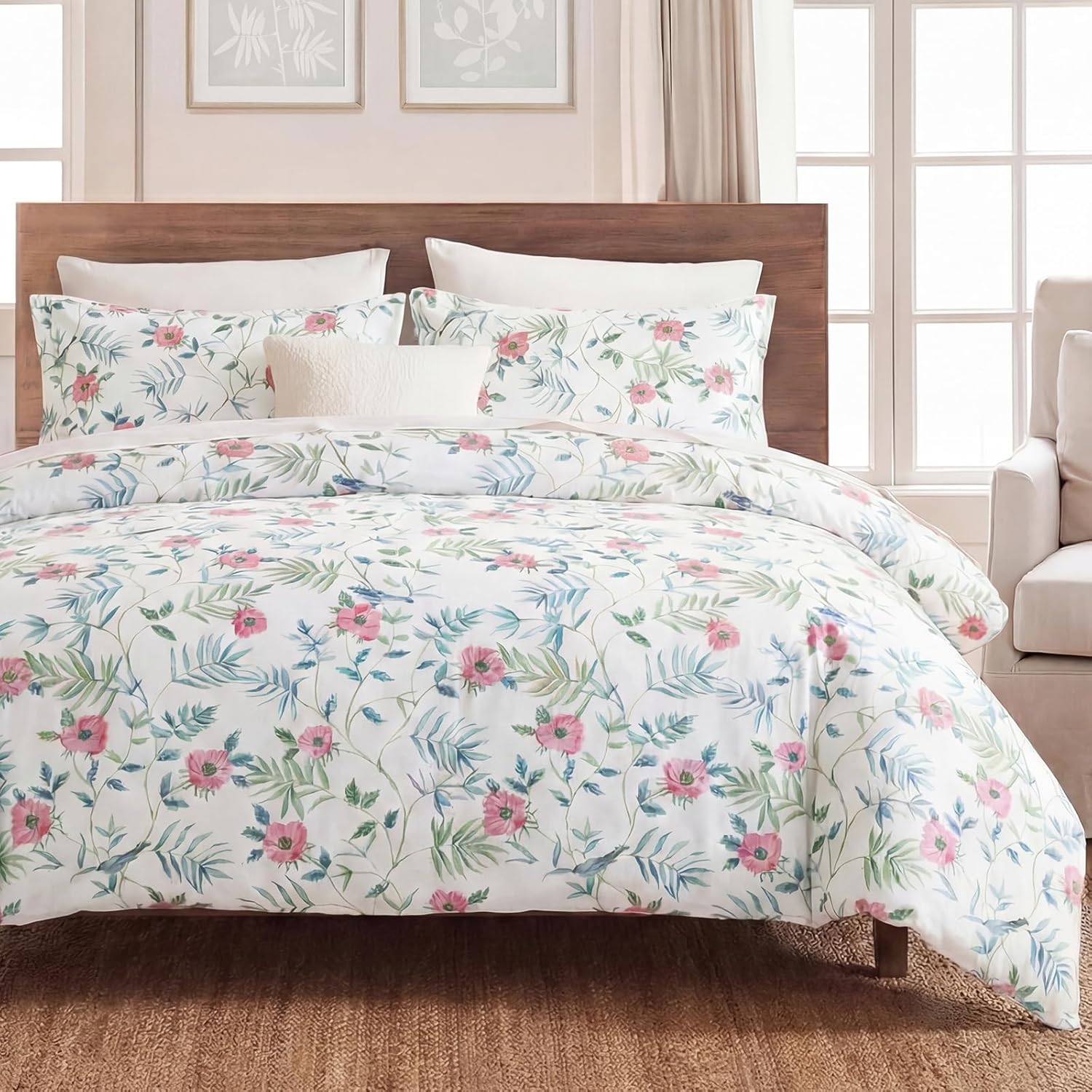 MOVE OVER Blue Floral Duvet Cover King Size, 100% Cotton Bedding Set with Zipper Closure & Corner Ties, Soft Breathable Branches Botanical Floral Duvet Cover Set for All Seasons
