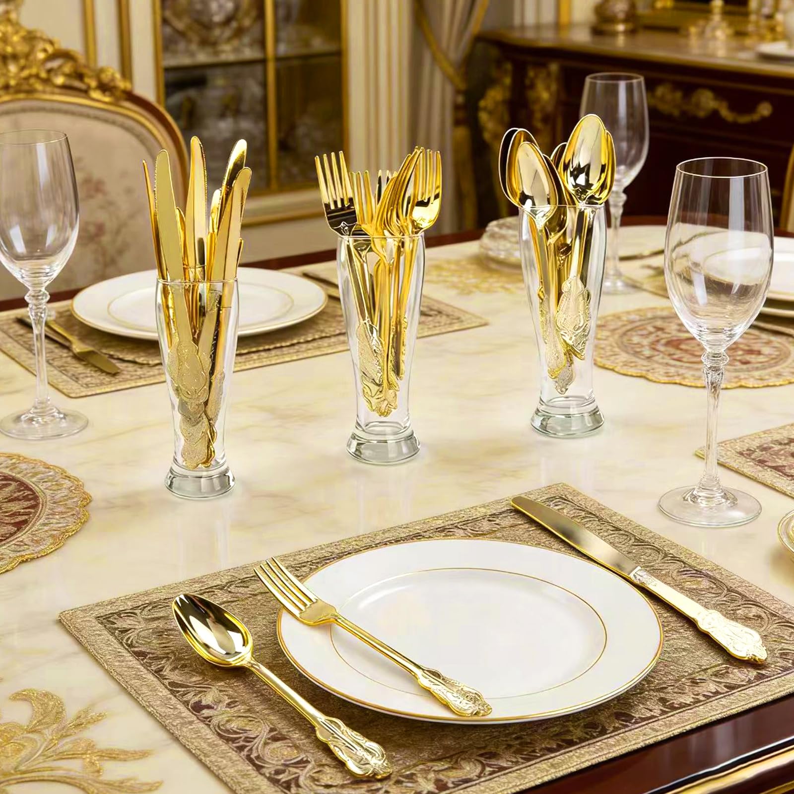 Juego de cubiertos de plástico dorado vintage de 180 piezas, 60 cuchillos, tenedores y cucharas | Lavable, reutilizable, resistente. Cubiertos pulidos. Duradero y elegante para bodas, fiestas de cumpleaños, eventos