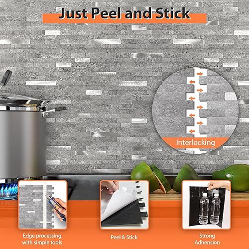 Miniatura 7 de Azulejos de cocina para salpicaduras de cocina, azulejos de mosaico lineal para despegar y pegar, azulejos de mosaico lineal impermeables (5