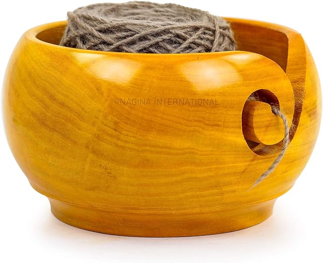Nagina International Yellow Teak Wood Crafted Premium Portable Light Weight Knitting & Crochet Yarn Bowl | Stitch Accessories & Storage (Medium)