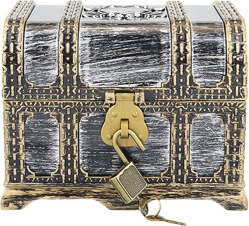 Miniatura 14 de Cofre del tesoro pirata para niños: pequeña caja del tesoro con cerradura y llave, caja de colección vintage de plástico para almacenamiento de