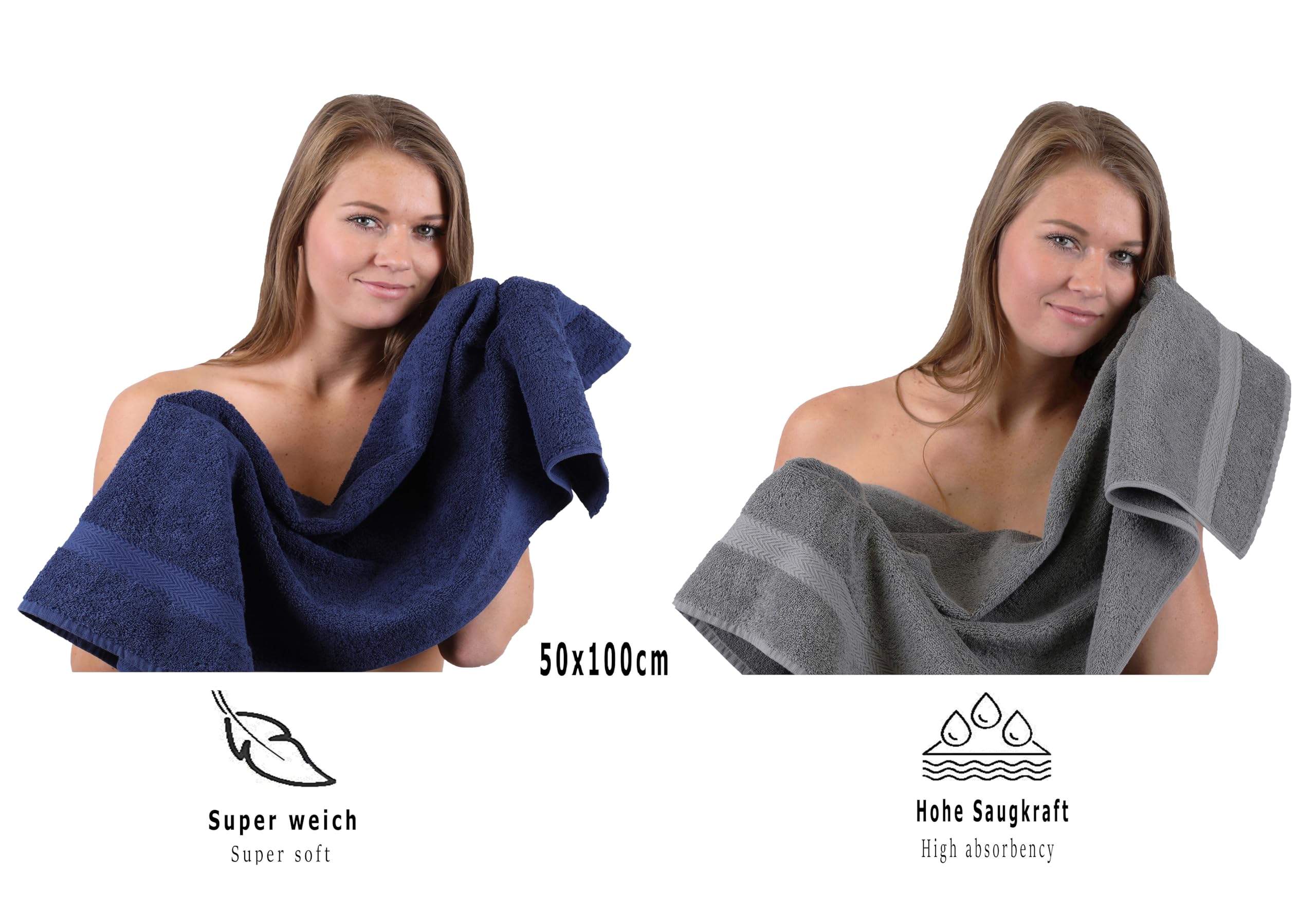 Betz Juego de 10 Toallas Classic 100% algodón 2 Toallas de baño 4 Toallas de Lavabo 2 Toallas de tocador 2 Toallas faciales Color Azul Oscuro y Gris Antracita