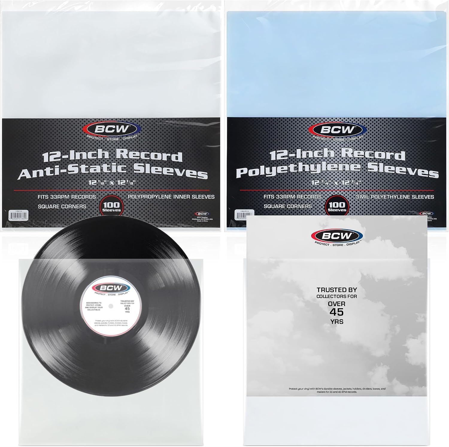 BCW 12-Inch Vinyl Record Sleeves Combo | Anti-Static Inner Sleeves & 3 Mil Polyethylene Outer Sleeves | Archival Quality Vinyl Protective Covers for 12" LPs